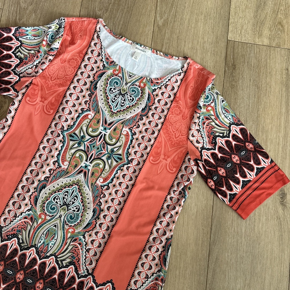 Dress Barn Women's Bold Paisley Print Shortโ Sleeve Top XL Orange Boho Colorful